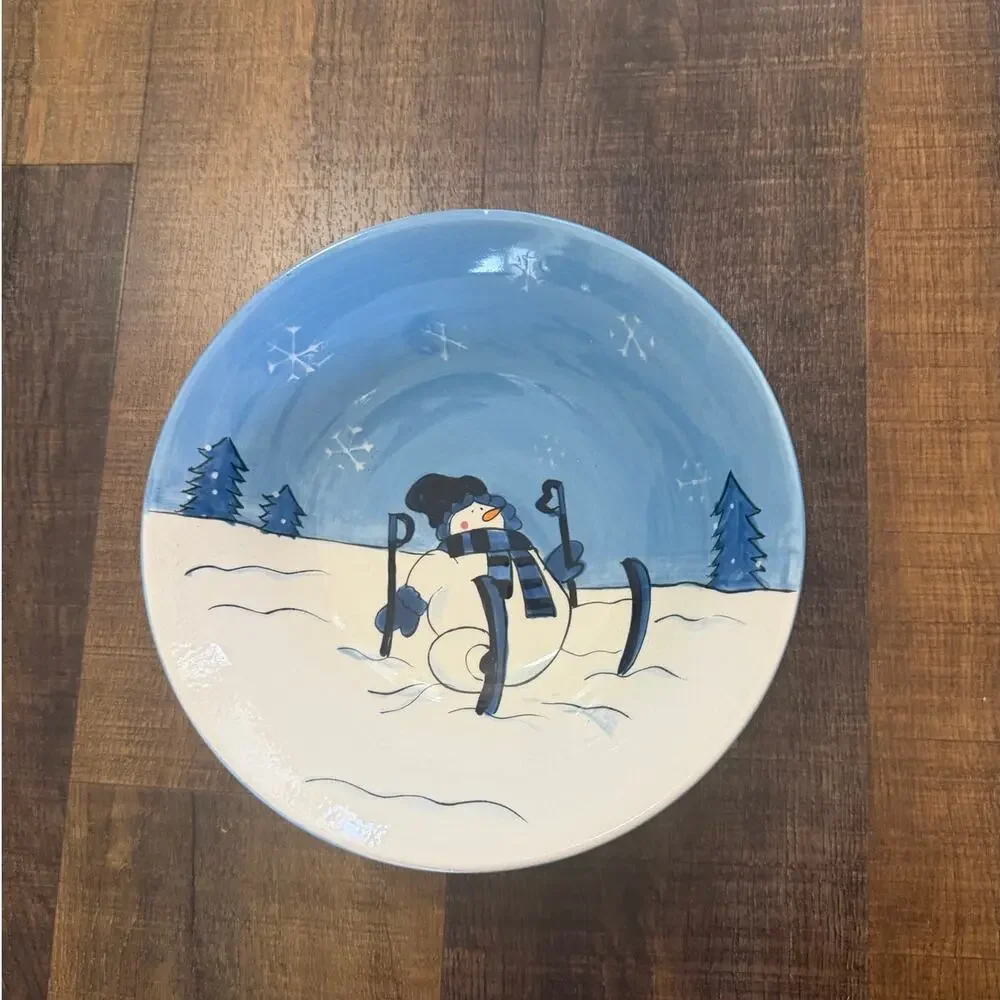 Hidden Valley Snow Valley Snowman Serving Bowl Blue White Winter Pottery